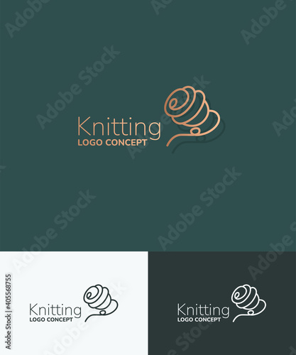 Knitting logo concept. Vector linear iconic sign with of bobbin.