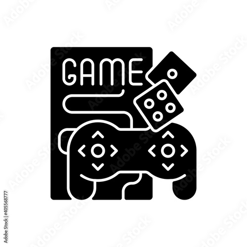 Game night black glyph icon. Entertainment and recreation for social event. Boardgames and videogames to spend time with friends. Silhouette symbol on white space. Vector isolated illustration