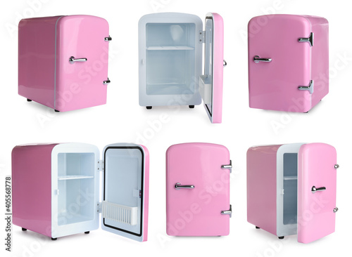 Obraz na płótnie Set with mini refrigerators for cosmetics on white background