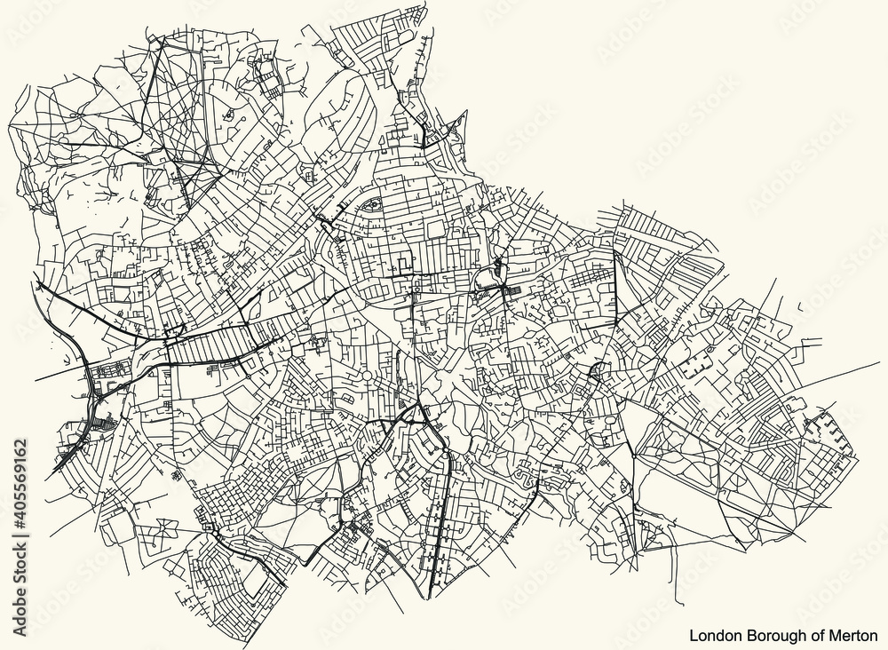 Fototapeta premium Black simple detailed street roads map on vintage beige background of the neighbourhood London Borough of Merton, England, United Kingdom