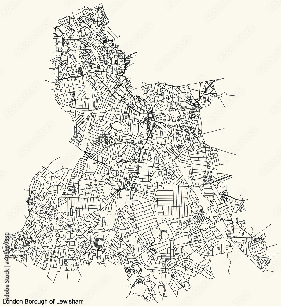 Black simple detailed street roads map on vintage beige background of the neighbourhood London Borough of Lewisham, England, United Kingdom