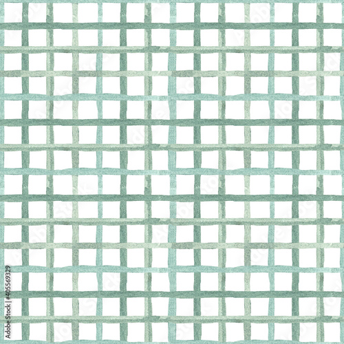 Hand drawn watercolor green plaid pattern. Background