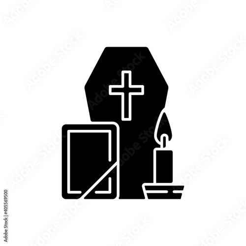 Funeral black glyph icon. Coffin for dead relative. Religious ritual. Memorial service. Cemetery ceremony. Religious burial. Silhouette symbol on white space. Vector isolated illustration