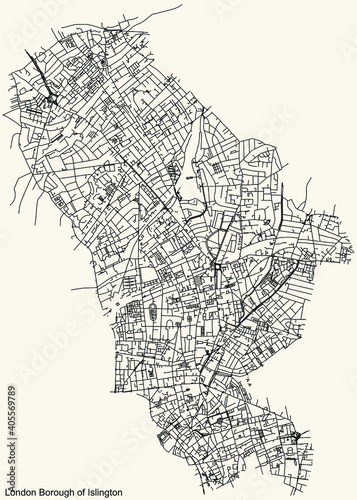 Black simple detailed street roads map on vintage beige background of the neighbourhood London Borough of Islington, England, United Kingdom