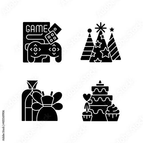Friends and family gathering party black glyph icons set on white space. Game night with videogames, boardgames. Candy bar. Cake buffet. Silhouette symbols. Vector isolated illustration
