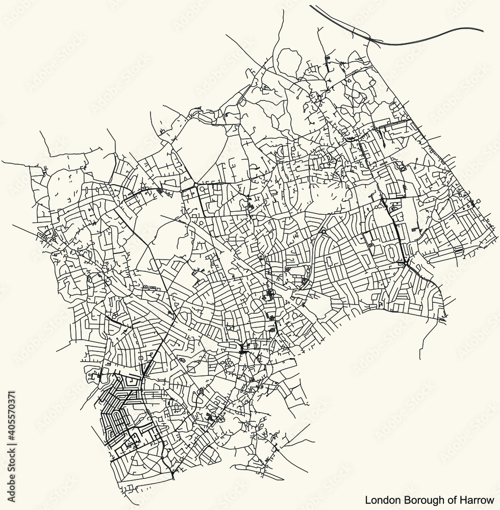 Fototapeta premium Black simple detailed street roads map on vintage beige background of the neighbourhood London Borough of Harrow, England, United Kingdom