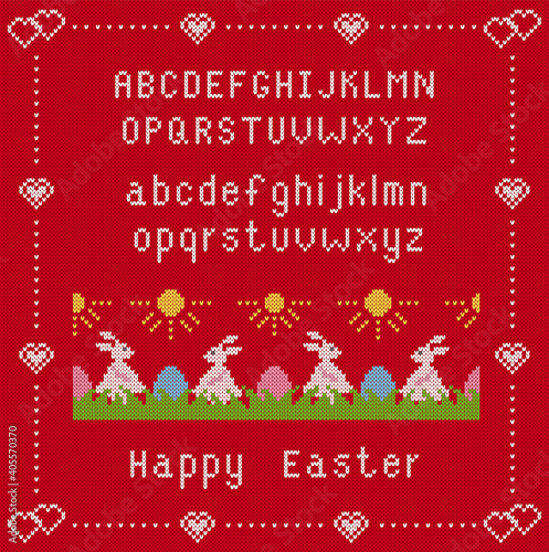 Happy Easter red background with font and rabbits. Knit seamles pattern with easter bunnies and eggs in grass. Vector illustration. Sweater knitted texture.