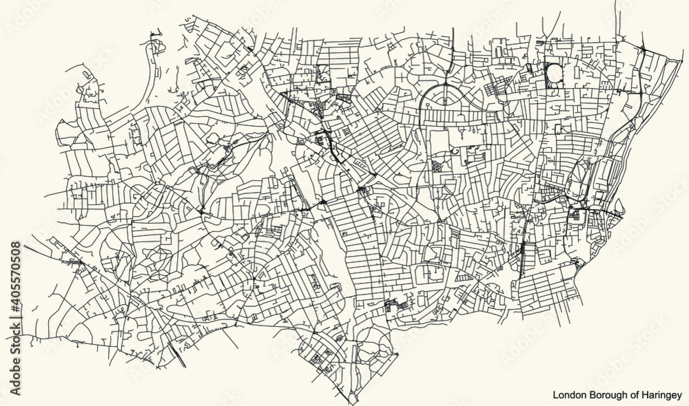 Black simple detailed street roads map on vintage beige background of the neighbourhood London Borough of Haringey, England, United Kingdom