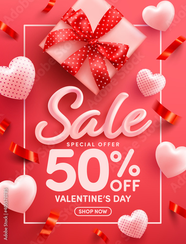 Valentine's Day Sale 50% off Poster or banner with sweet hearts and gift box on red background.Promotion and shopping template or background for Love and Valentine's day concept.