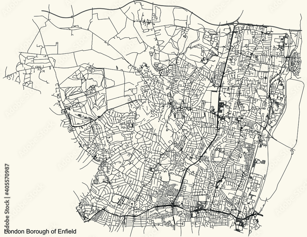 Naklejka premium Black simple detailed street roads map on vintage beige background of the neighbourhood London Borough of Enfield, England, United Kingdom
