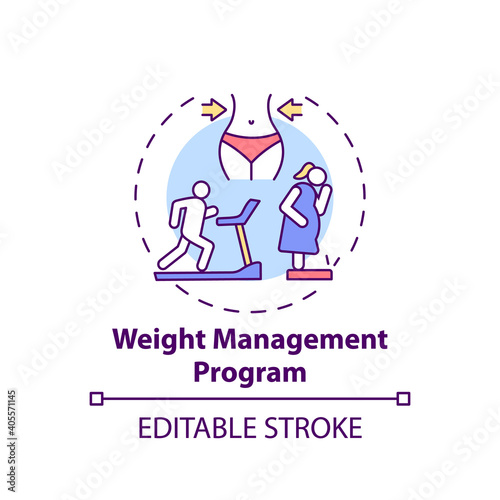 Weight management program concept icon. Increasing physical activity idea thin line illustration. Overweight and obese adults. Vector isolated outline RGB color drawing. Editable stroke