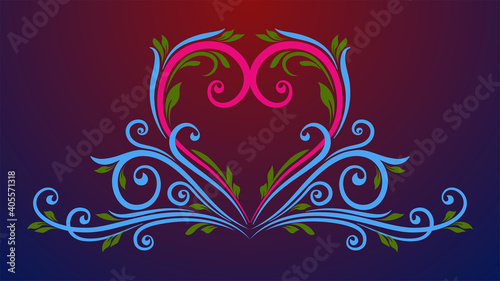 Sweet Colors Decorative Curly Heart Vine Flourish With Swirls And Leaves Background Design