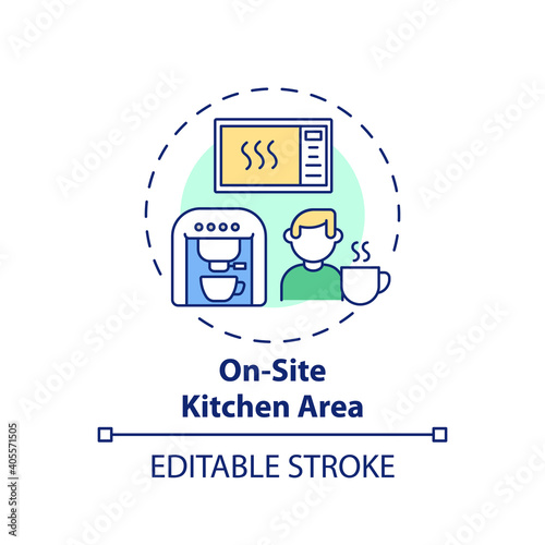 On-site kitchen area concept icon. Workplace wellness idea thin line illustration. Maintaining caffeine levels. Heating microwave meal. Vector isolated outline RGB color drawing. Editable stroke