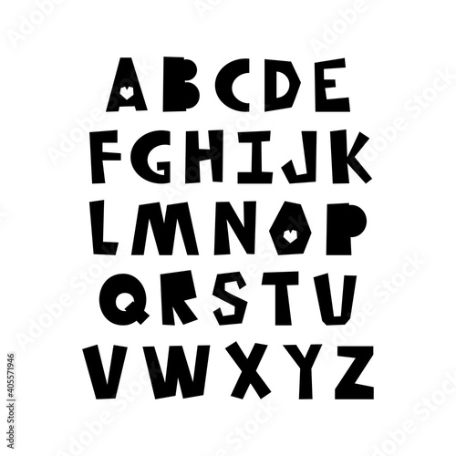 Hand drawn creative alphabet from A to Z. Letters with textured effect. Black and white vector illustration.