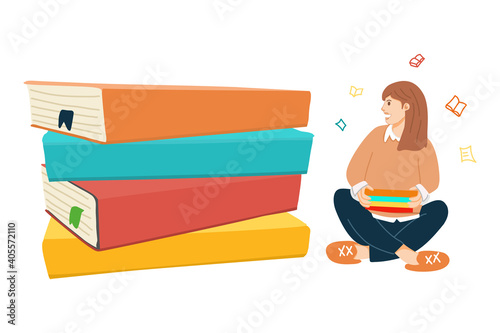 girl with books. woman looking at a pile of books, student read and study, literature concept. Vector flat cartoon hand drawn.