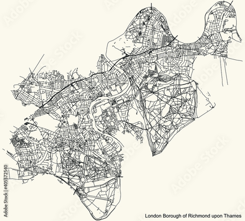 Black simple detailed street roads map on vintage beige background of the neighbourhood London Borough of Richmond upon Thames, England, United Kingdom