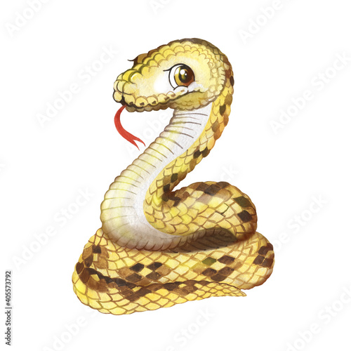Watercolor cartoon snake illustration, small yellow python, child print, cartoon reptile