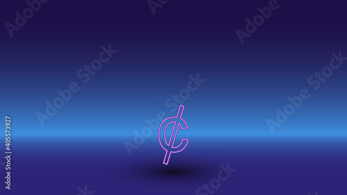 Neon cent symbol on a gradient blue background. The isolated symbol is located in the bottom center. Gradient blue with light blue skyline