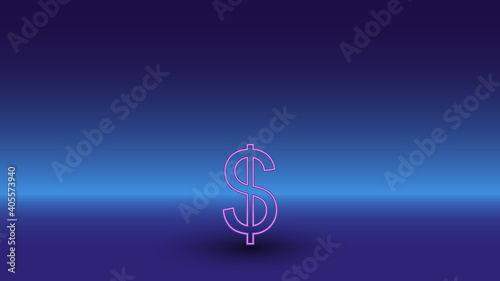 Neon dollar symbol on a gradient blue background. The isolated symbol is located in the bottom center. Gradient blue with light blue skyline