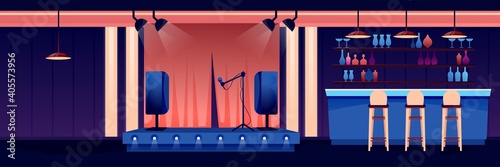 Night bar or pub background. Counter, stools, shelves with bottles, jars and glasses, stage with microphone in spotlight. Horizontal panorama vector illustration. Modern interior design