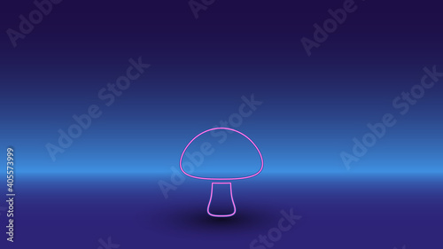 Neon mushroom symbol on a gradient blue background. The isolated symbol is located in the bottom center. Gradient blue with light blue skyline