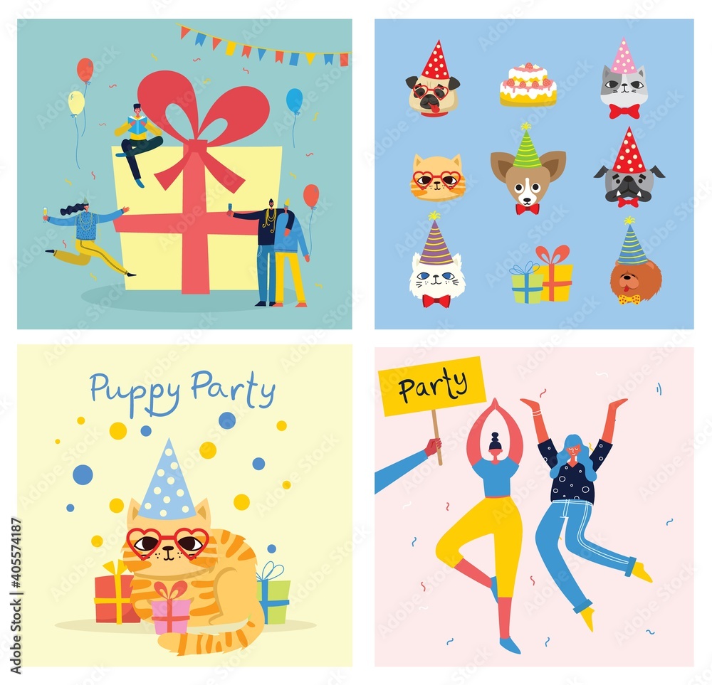 Puppy party background. Cute greeting card with presents and puppies Puppy party background. Cute greeting card with presents and puppies