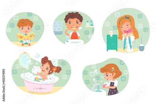 Kids hygiene in bathroom set. Boys and girls washing face, brushing teeth, sitting on toilet, bathing in bath. Healthy daily morning routine vector illustration. Childhood activities