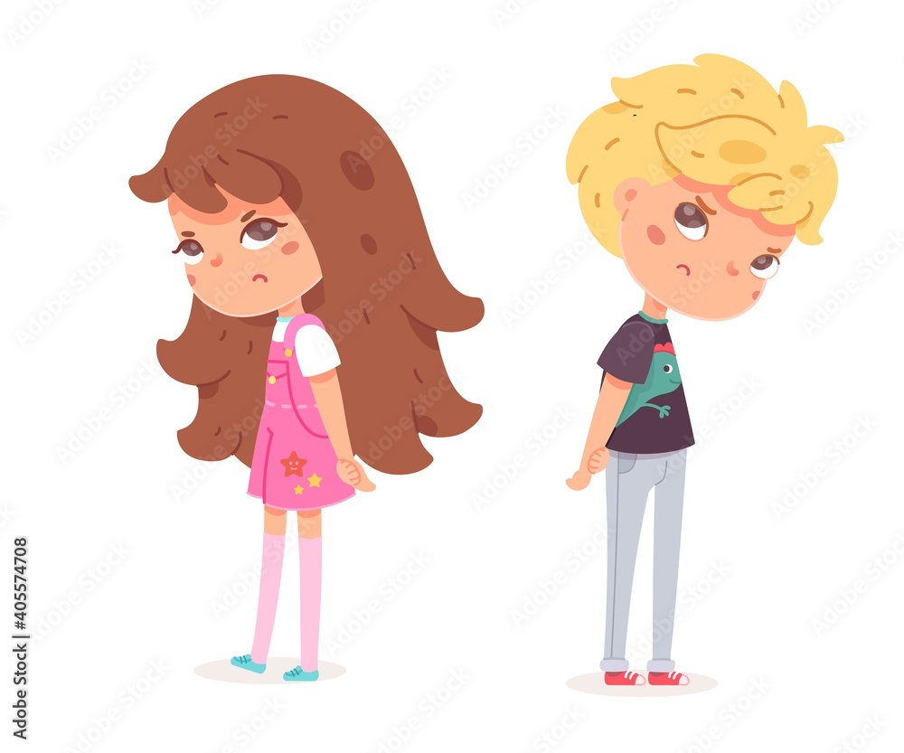 Sad angry boy and girl standing. Frustrated children with dislike face expressions. Negative emotion and distress vector illustration. Cute little kids in bad mood on white background Sad angry boy and girl standing. Frustrated children with dislike face expressions. Negative emotion and distress vector illustration. Cute little kids in bad mood on white background
