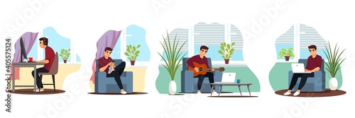 Young man working and resting at home set. Boy working at computer, guy playing guitar, sitting with phone or laptop. Weekend activities indoor vector illustration. Remote workplace