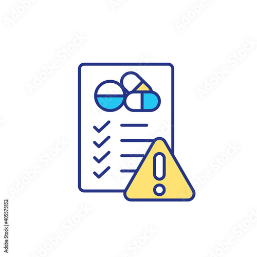 List of medicaments RGB color icon. Pills that you need to take every day for controlling body health immune system. Curing different problems with special medicals. Isolated vector illustration