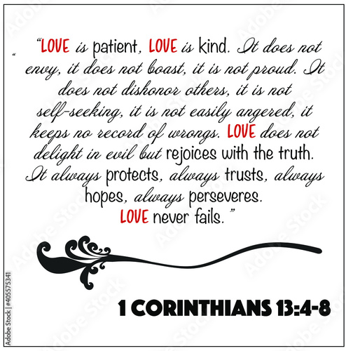 1 Corinthians 13:4-8- Love is patient, kind, hopes, protects, trusts and never fails vector on white background for Christian marriage, love and encouragement from the New Testament Bible scriptures.	