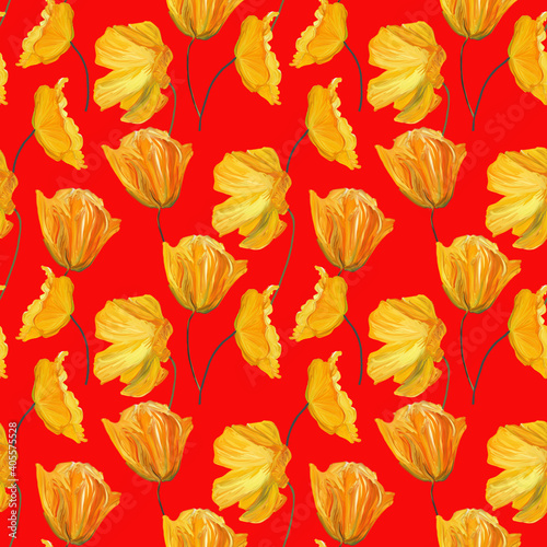 Hand-drawn gouache floral seamless pattern with the yellow poppy flowers on red  background  Natural repeated print for textile  wallpaper.