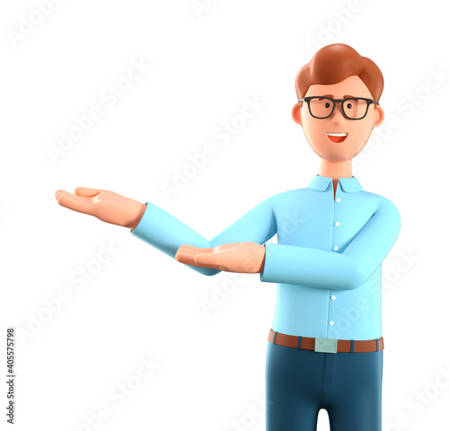 Wallpaper Mural 3D illustration of joyful man pointing hands at direction. Close up portrait of cartoon cheerful businessman with eyeglasses and blue shirt, isolated on white. Torontodigital.ca