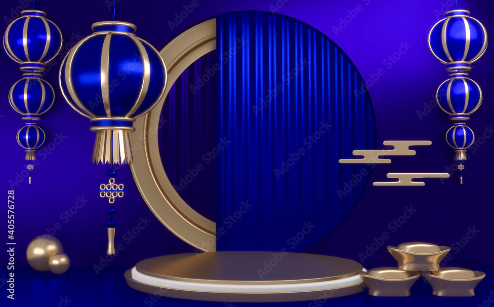 Blue Podium,minimal podium geometric and decoration china style.3D rendering