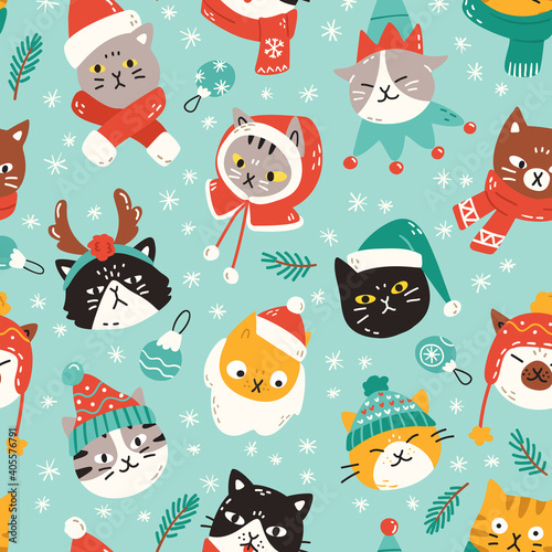 Seamless vector pattern with adorable cats wearing Christmas outfits. Colorful illustration for winter holidays in trendy cartoon style. Swatch included.