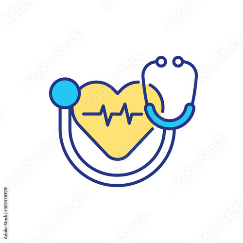 Heart checking with stethoscope RGB color icon. Medical help for cardio system of patients bodies. Modern clinic technologies for analysing different diseases. Isolated vector illustration