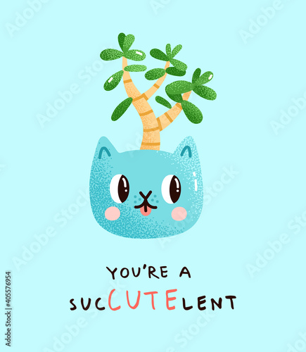 Vector illustration of a potted jade plant with a cute message. Crassula ovata or money tree in a ceramic pot shaped like an adorable cat with a pun below. Design element for a poster or a card.