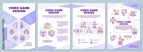 Video game design brochure template. Developing gameplay and storyline. Flyer, booklet, leaflet print, cover design with linear icons. Vector layouts for magazines, annual reports, advertising posters