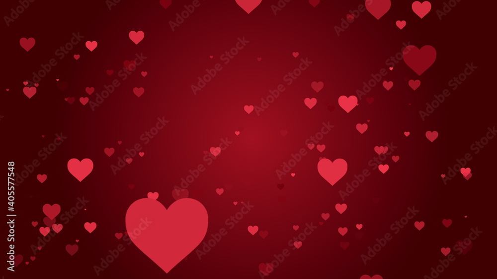 4K Valentine's day card. Abstract red hearts background. Shiny red hearts flying