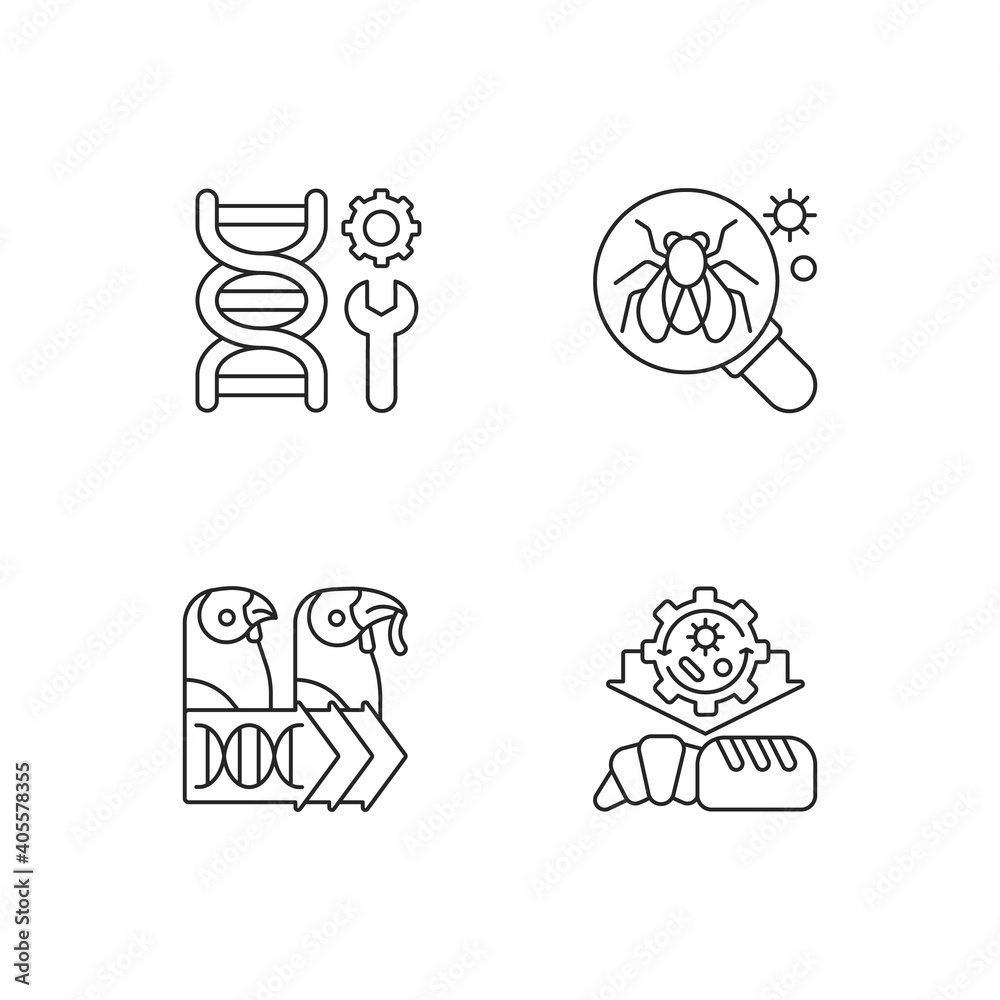 Biotechnology linear icons set. Model organism. Genetic engineering. Industrial biotechnology. Customizable thin line contour symbols. Isolated vector outline illustrations. Editable stroke