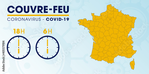Couvre-feu et carte de France - samedi 16 janvier 2021 - pandémie du coronavirus covid19 - déplacement interdit de 18h à 6h - illustration vectorielle
