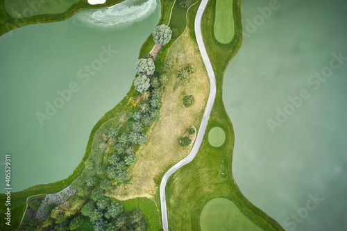 Golf course with lakes at sides