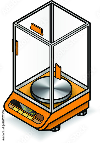 A high precision digital balance with a glass draft shield/cage.