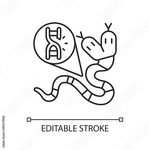 Genetic mutation linear icon. Genome sequence with damage. Gene manipulation. Genetic engineering. Thin line customizable illustration. Contour symbol. Vector isolated outline drawing. Editable stroke