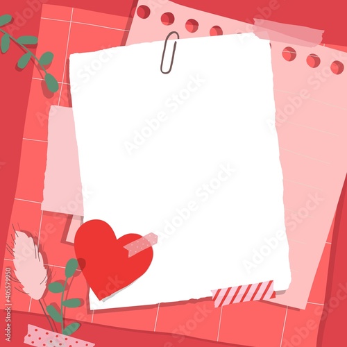 Scrapbook composition with notes paper, tapes, flowers elements and heart sticker. Page for valentine greeting card.