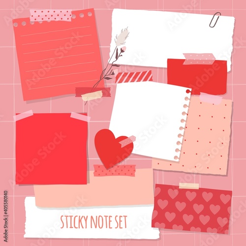 Collection of various notes paper for valentine card. Red and pink sticky note.