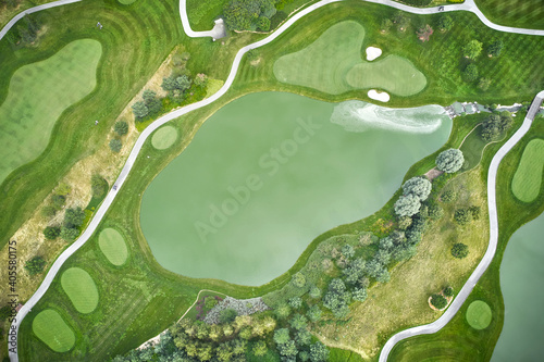 Golf course top down aerial shoot from drone
