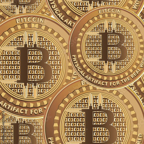BITCOIN. Golden coins. Crypto currency. Vector background. Design for website, business project, information materials and textile. Seamless pattern. Vector illustration. 