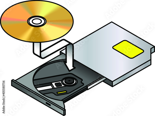 Insert disc. A portable optical drive with its drawer/tray opened and a disc being inserted.