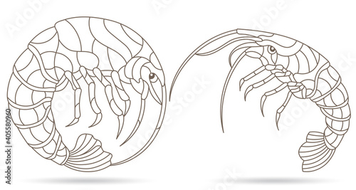 Set of contour illustrations in stained glass style with shrimps, dark contours isolated on a white background